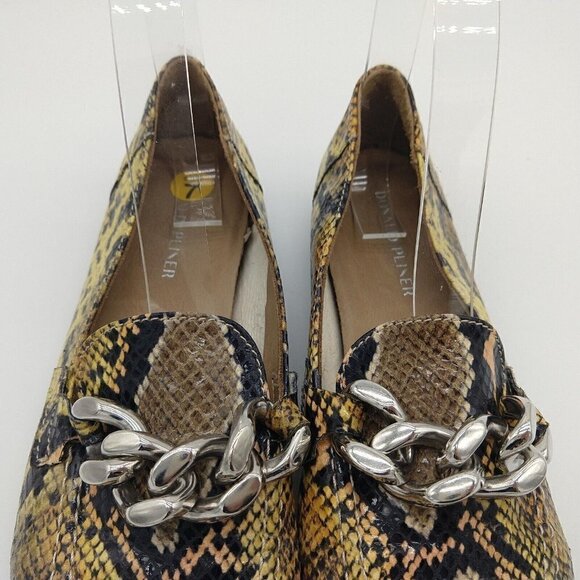 Donald Pliner Yellow Snakeskine Loafers Size 7 Flats Driving Moccasins Chain - Picture 3 of 9